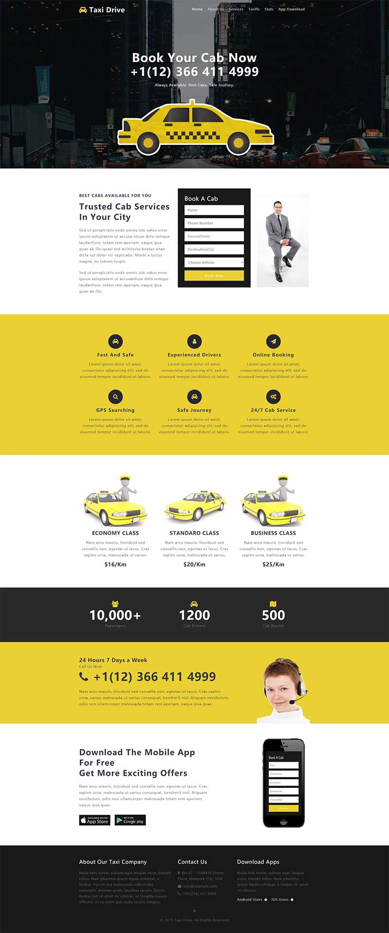 黄色出租车办事网站单页html相应式网页模板-零度空间